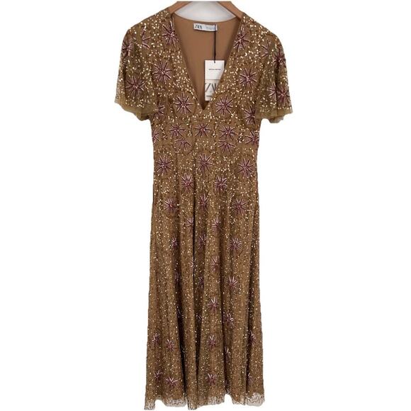 ZARA WOMAN Gold Sequin Dress Special Edition Small Party Formal Wedding NWT - Picture 3 of 16